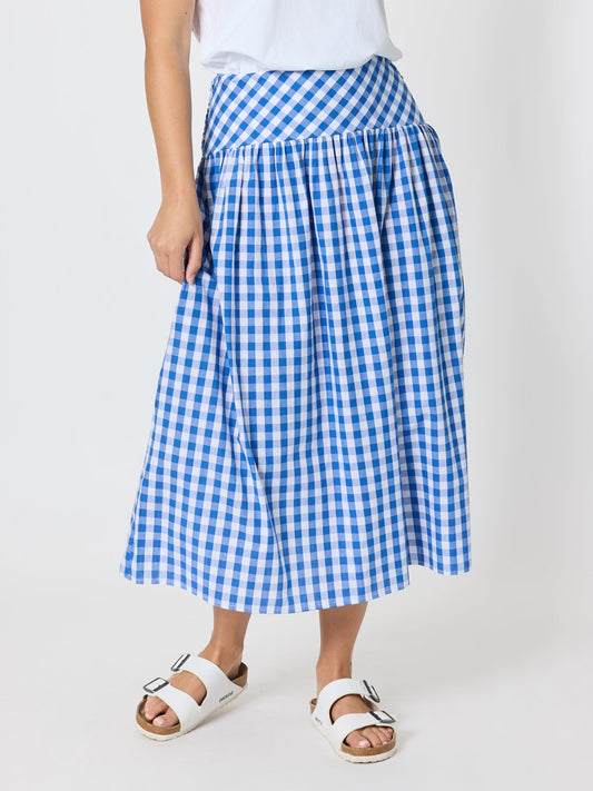 Image of a model wearing Skirts. Product name - Amalfi Gingham Check Skirt Azure White in Azure White colour by brand - Threadz