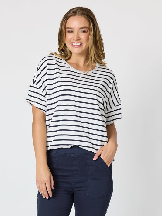 Image of T-Shirts. Product name - Coffee Days Stripe Tee Navy/White in Navy/White colour by brand - Threadz