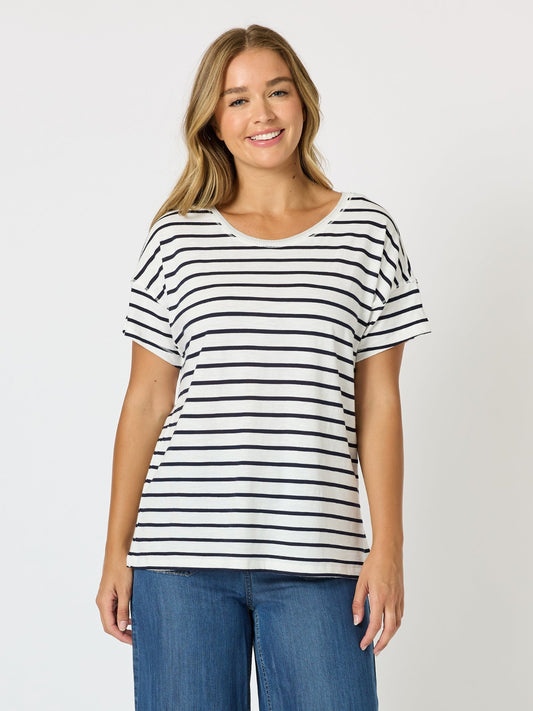 Image of T-Shirts. Product name - Coffee Days Stripe Tee Navy/White in Navy/White colour by brand - Threadz
