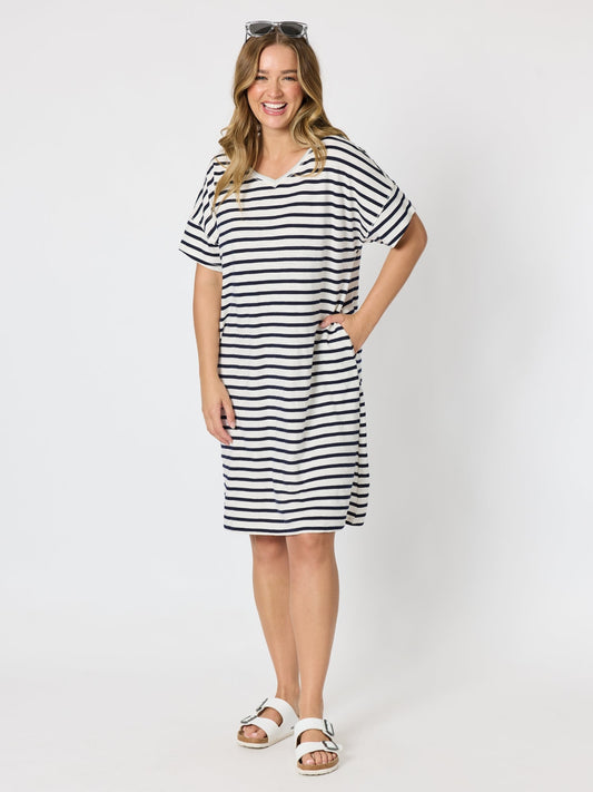 Image of Dresses. Product name - Coffee Days Stripe T-shirt Dress Navy/White in Navy/White colour by brand - Threadz
