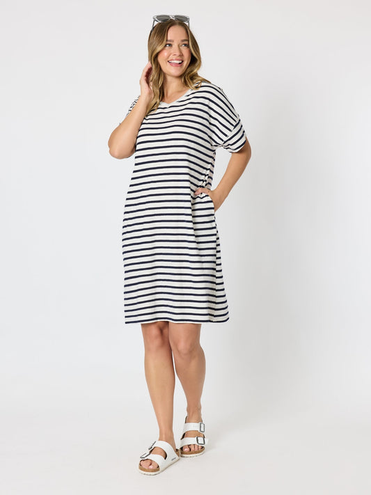 Threadz Coffee Days Stripe T-shirt Dress (Navy/White)