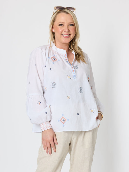 Image of a model wearing Tops. Product name - Tuscan Sky Cotton Top White Multi in White Multi colour by brand - Gordon Smith