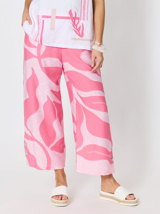 Image of a model wearing Pants. Product name - Bay Leaf Wide Leg Pant Blush Multi in Blush Multi colour by brand - Clarity
