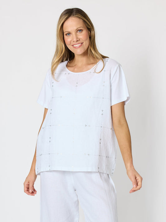 Image of a model wearing Tops. Product name - Silver Jewel Print Top White/Silver in White/Silver colour by brand - Clarity