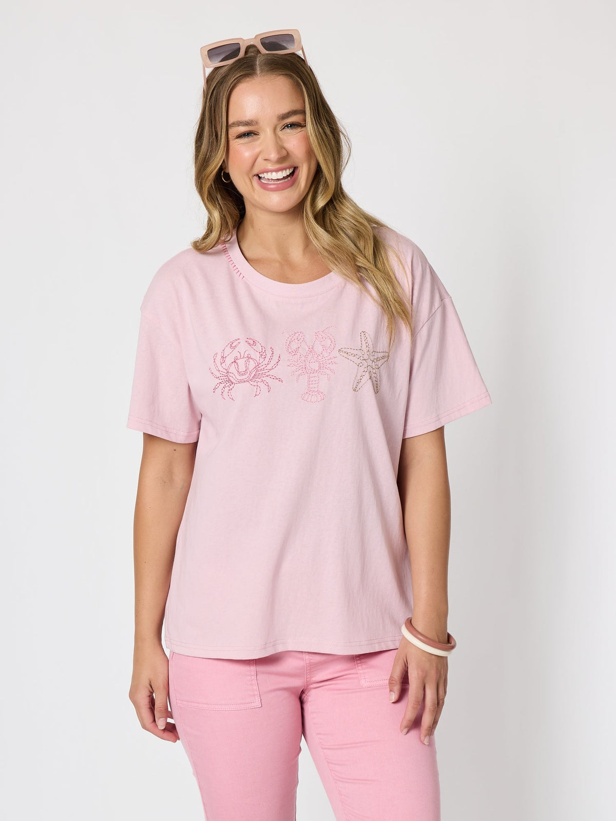 Image of T-Shirts. Product name - Coastal Embroidered Tee Musk in Musk colour by brand - Threadz