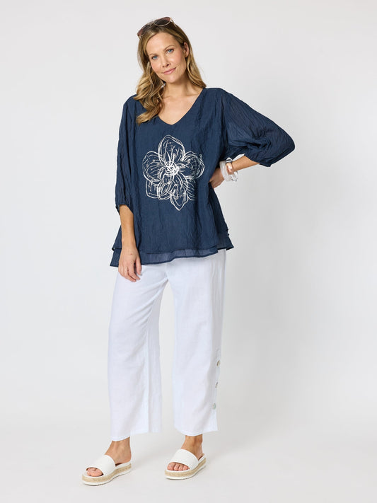 Clarity Camellia Floral Print Top (Navy)