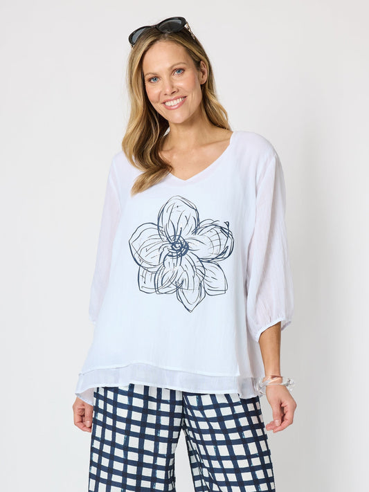 Image of a model wearing Tops. Product name - Camellia Floral Print Top White in White colour by brand - Clarity