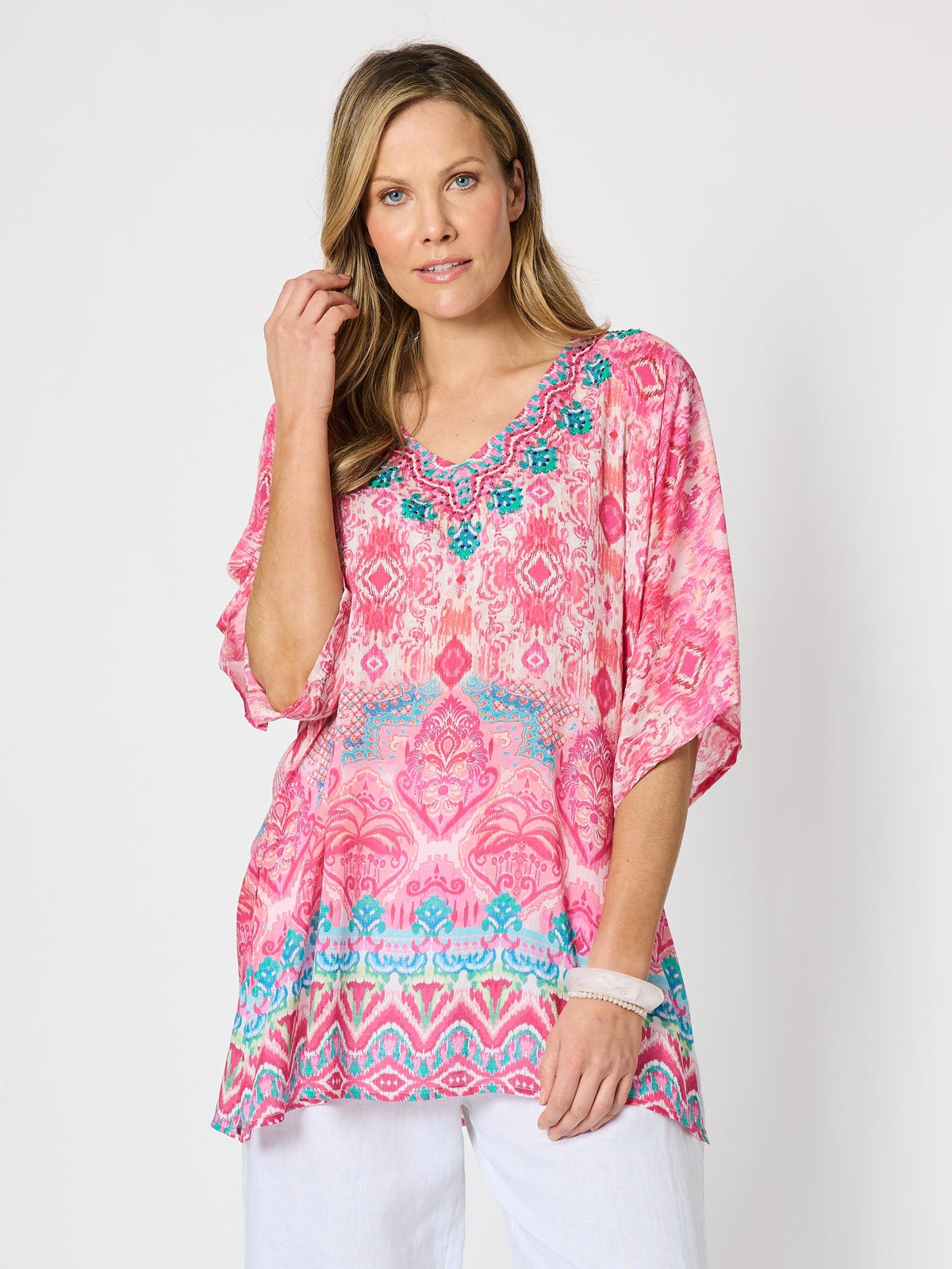 Image of a model wearing Tops. Product name - Coastal Daydream Print Top Raspberry Multi in Raspberry Multi colour by brand - Hammock & Vine