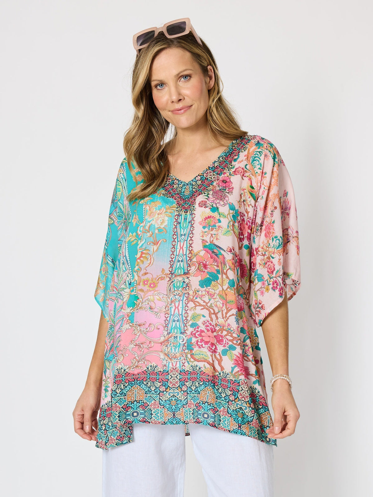 Image of a model wearing Tops. Product name - Botanica Floral Print Top Blush Multi in Blush Multi colour by brand - Hammock & Vine