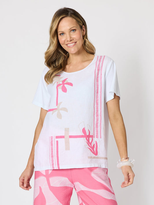 Image of a model wearing Tops. Product name - Bay Leaf Print Top White Blush in White Blush colour by brand - Clarity