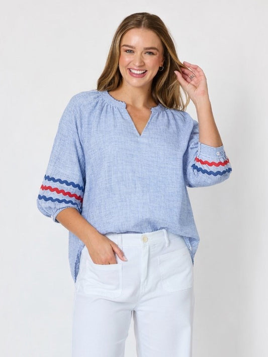 Image of a model wearing Tops. Product name - Canopy Ric Rac Top Chambray in Chambray colour by brand - Threadz