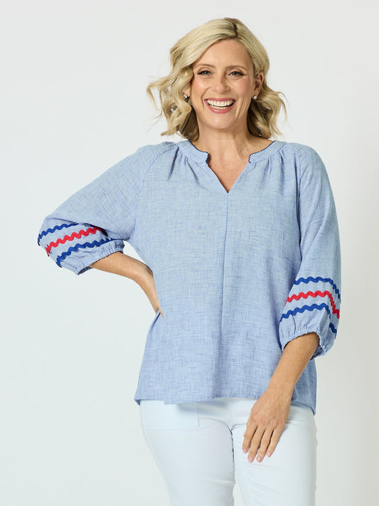 Image of a model wearing Tops. Product name - Canopy Ric Rac Top Chambray in Chambray colour by brand - Threadz