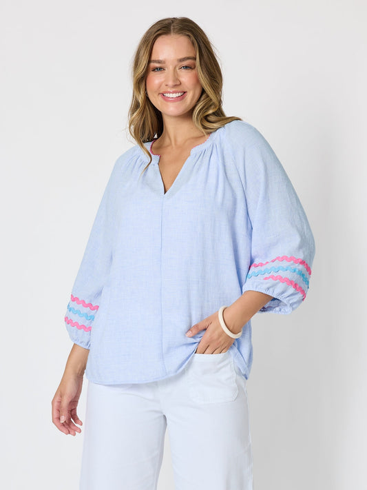 Image of a model wearing Tops. Product name - Canopy Ric Rac Top Pale Blue in Pale Blue colour by brand - Threadz