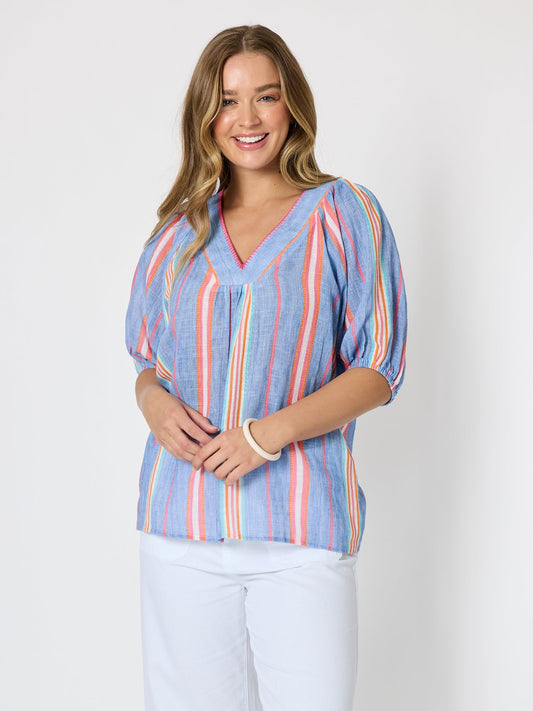 Image of a model wearing Tops. Product name - Laguna Stripe Print Top Denim Multi in Denim Multi colour by brand - Threadz