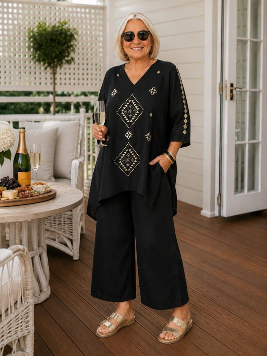 Hammock & Vine Soleil Foil Print Linen Top (Black/Gold)