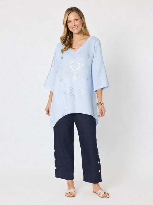 Hammock & Vine Soleil Foil Print Linen Top (Sky Blue Silver)