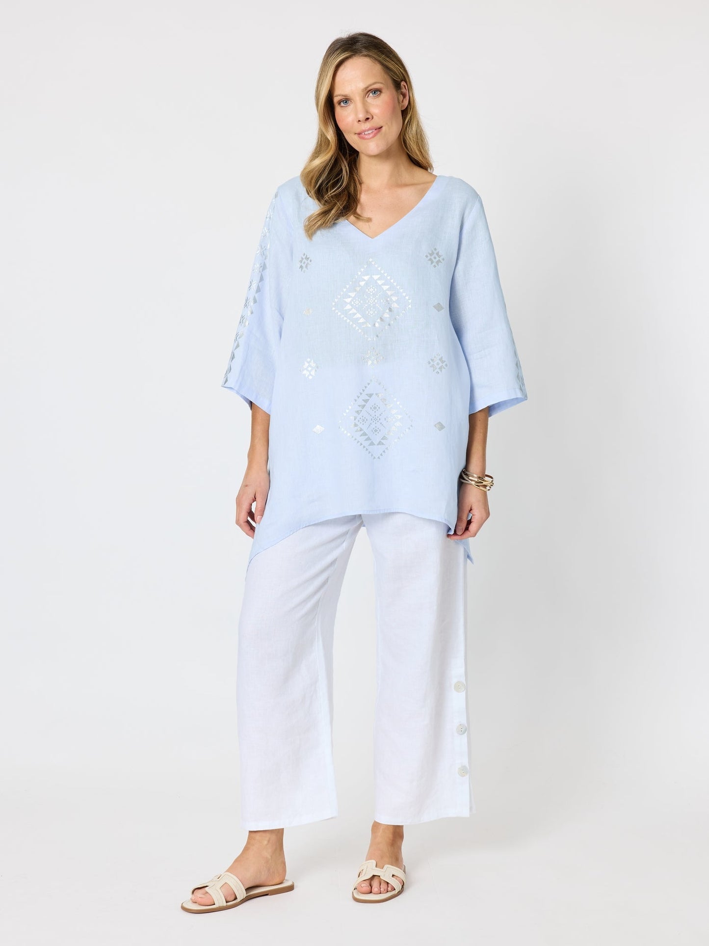 Hammock & Vine Soleil Foil Print Linen Top (Sky Blue Silver)