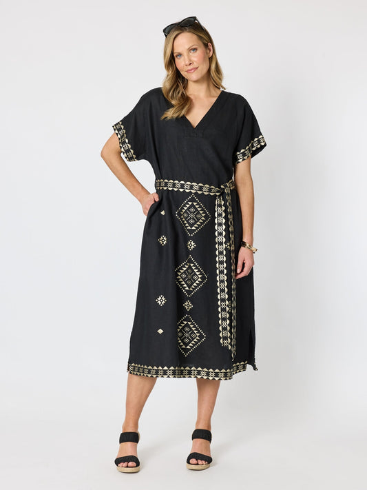 Image of Dresses. Product name - Soleil Foil Print Linen Dress Black/Gold in Black/Gold colour by brand - Hammock & Vine