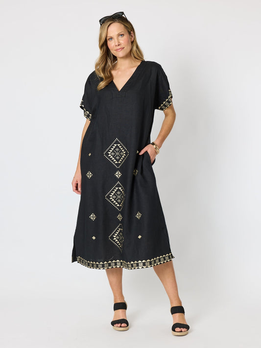 Hammock & Vine Soleil Foil Print Linen Dress (Black/Gold)