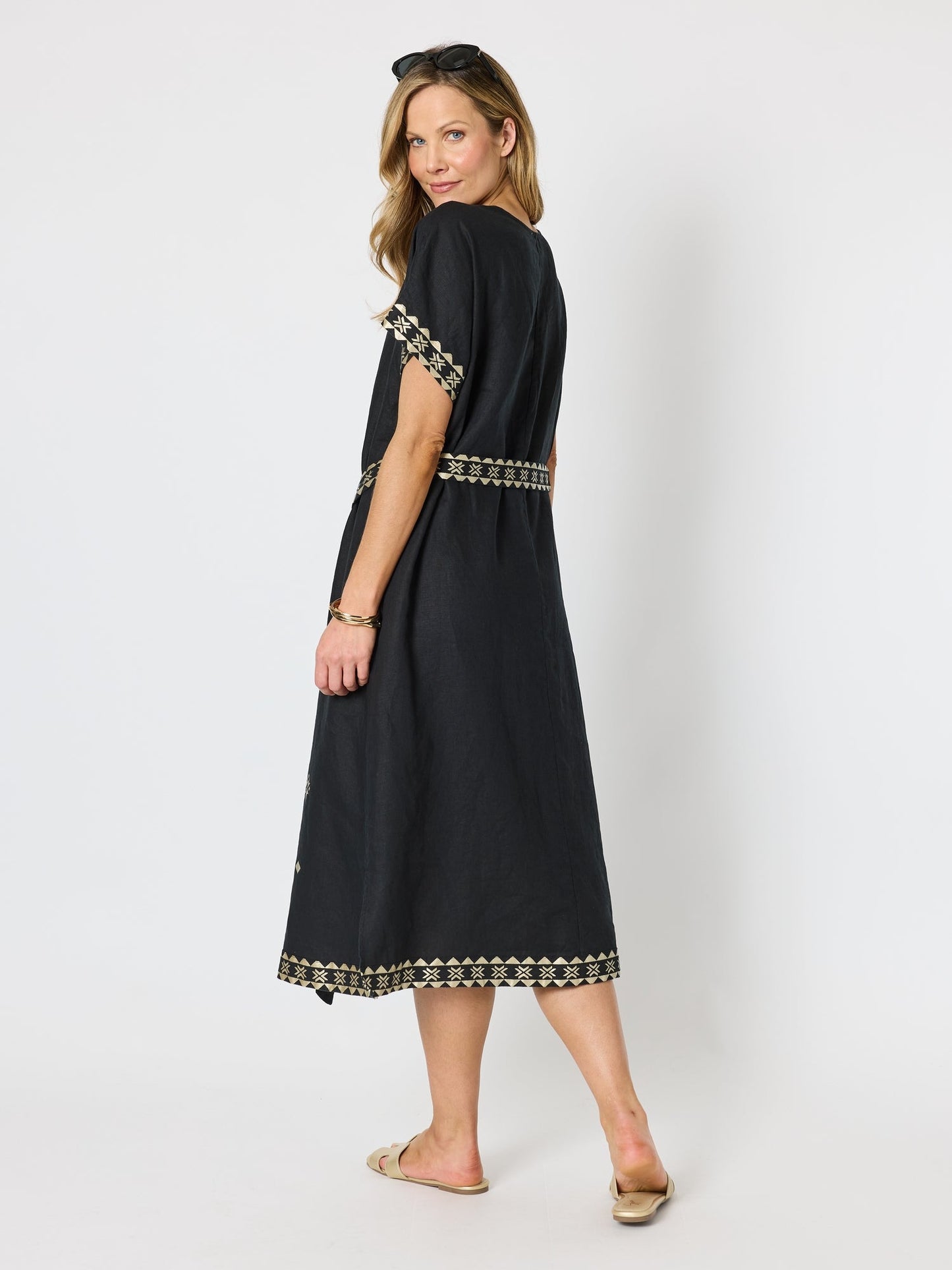 Hammock & Vine Soleil Foil Print Linen Dress (Black/Gold)