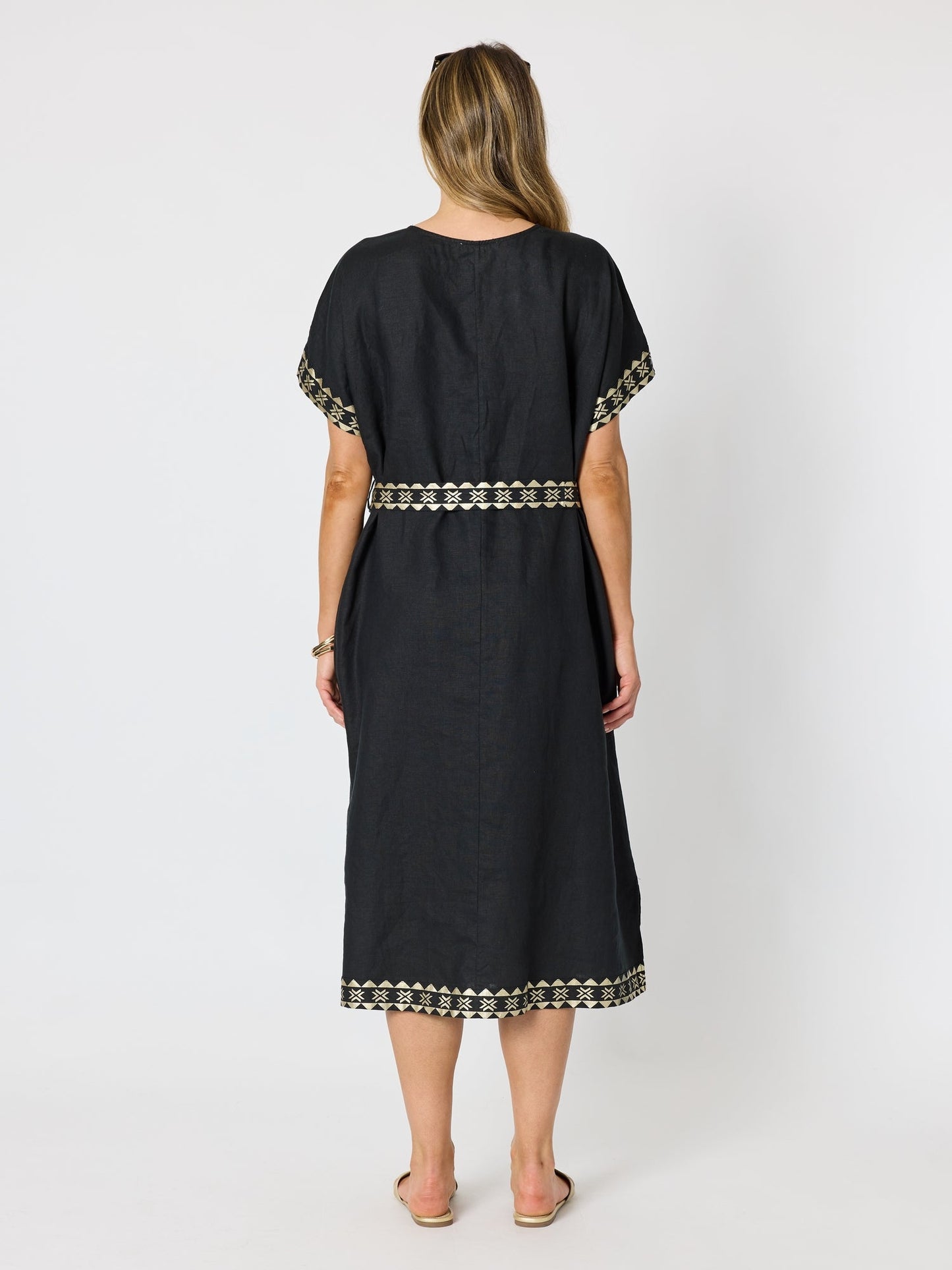 Hammock & Vine Soleil Foil Print Linen Dress (Black/Gold)
