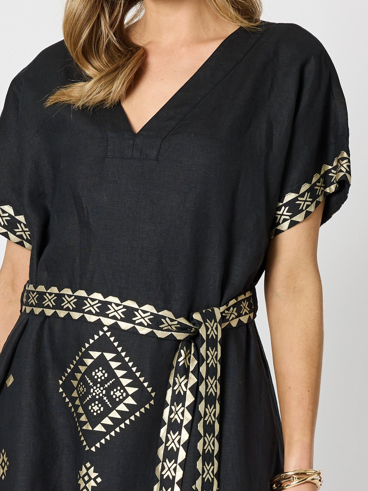Hammock & Vine Soleil Foil Print Linen Dress (Black/Gold)