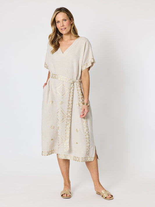 Image of Dresses. Product name - Soleil Foil Print Linen Dress Natural Gold in Natural Gold colour by brand - Hammock & Vine