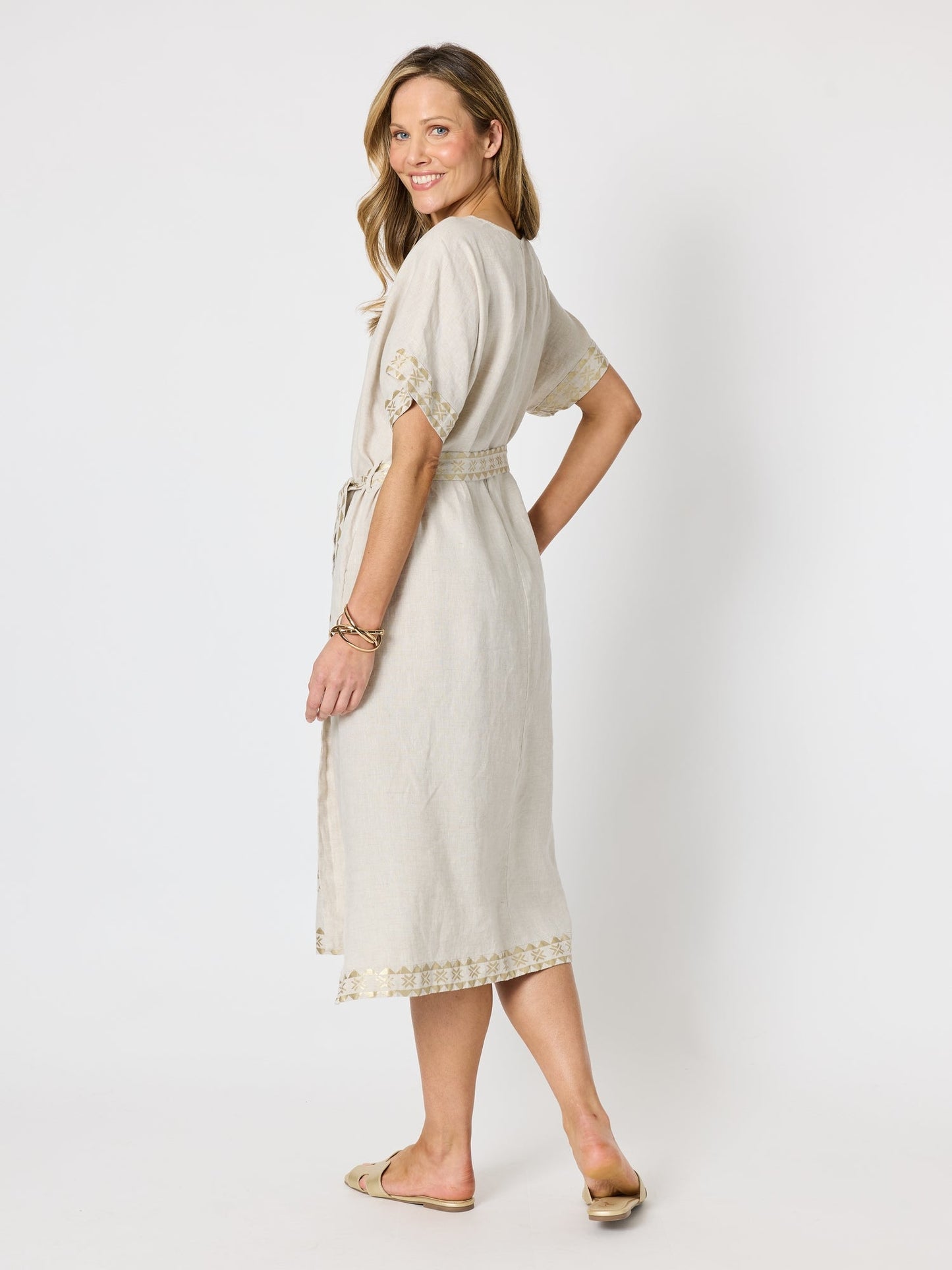 Hammock & Vine Soleil Foil Print Linen Dress (Natural Gold)