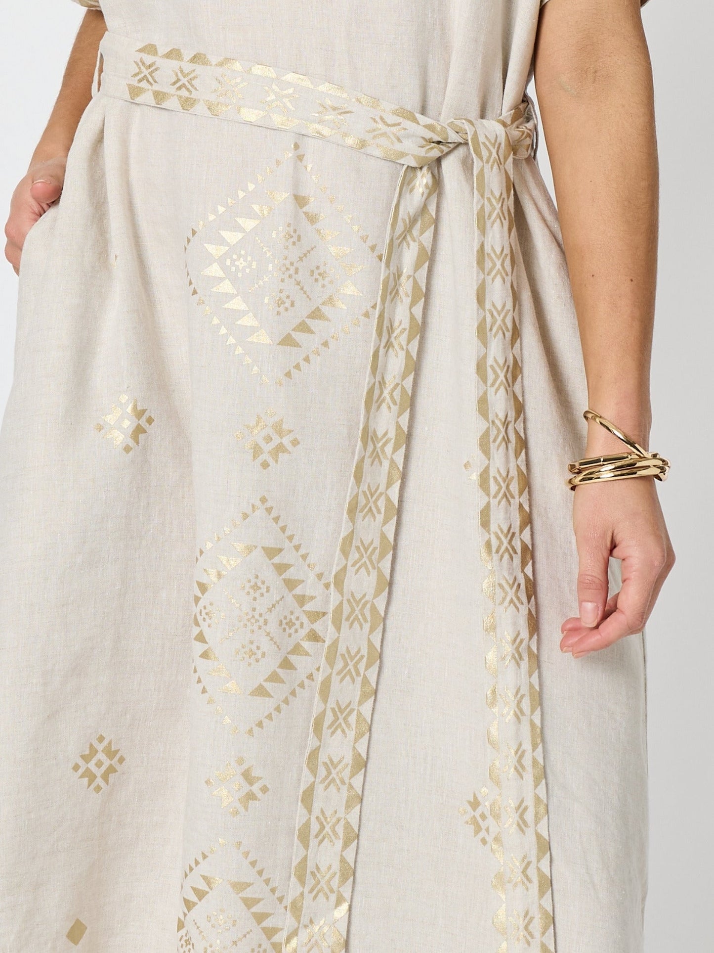 Hammock & Vine Soleil Foil Print Linen Dress (Natural Gold)
