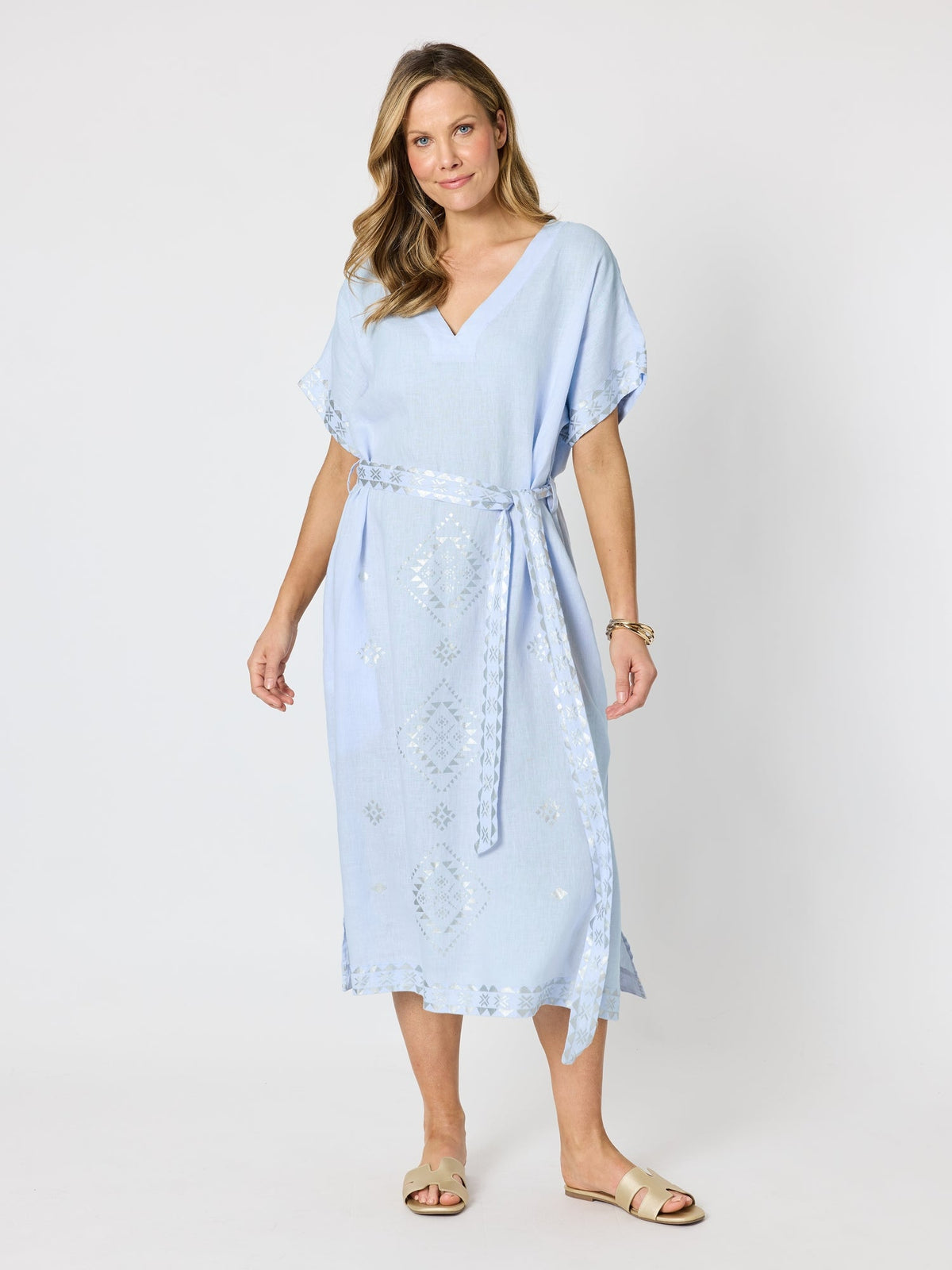 Image of Dresses. Product name - Soleil Foil Print Linen Dress Sky Blue Silver in Sky Blue Silver colour by brand - Hammock & Vine