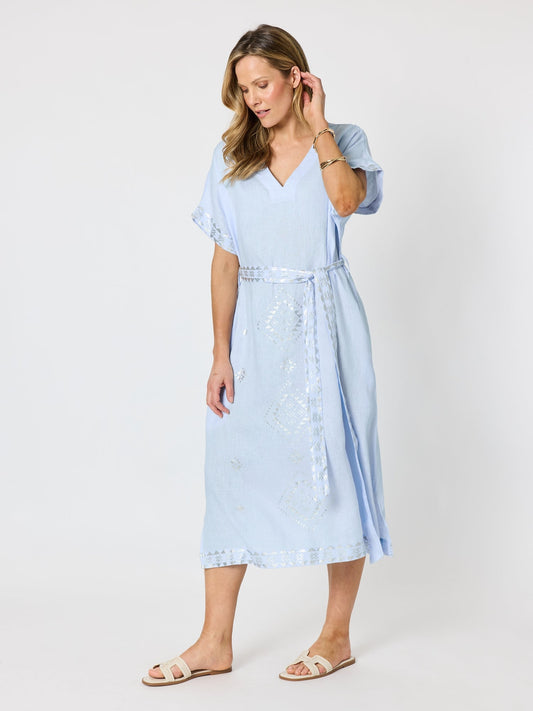 Hammock & Vine Soleil Foil Print Linen Dress (Sky Blue Silver)