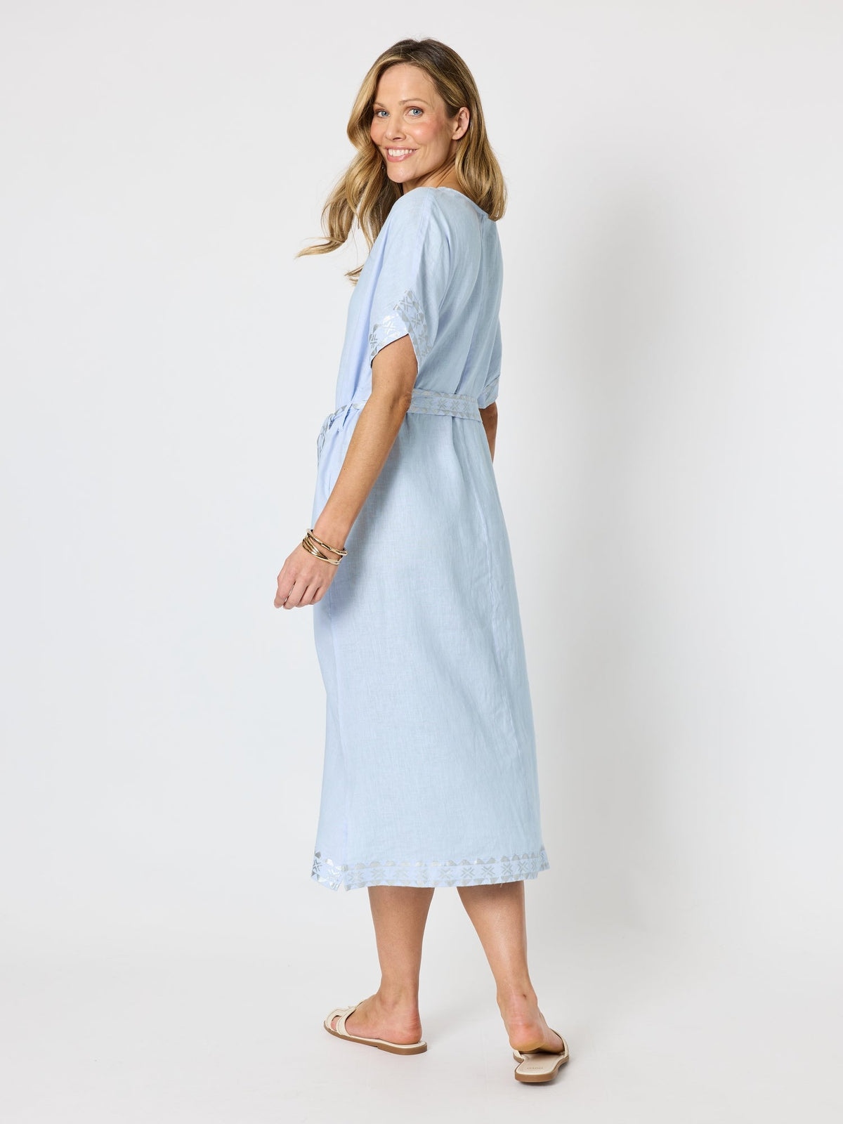 Hammock & Vine Soleil Foil Print Linen Dress (Sky Blue Silver)