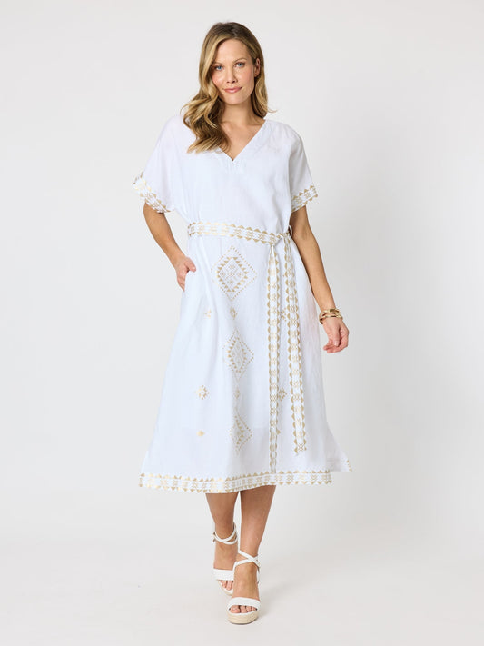 Image of Dresses. Product name - Soleil Foil Print Linen Dress White/Gold in White/Gold colour by brand - Hammock & Vine