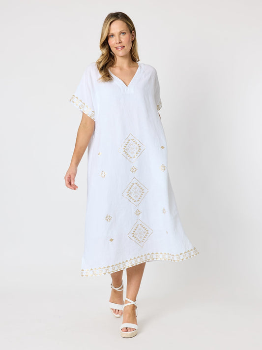 Hammock & Vine Soleil Foil Print Linen Dress (White/Gold)