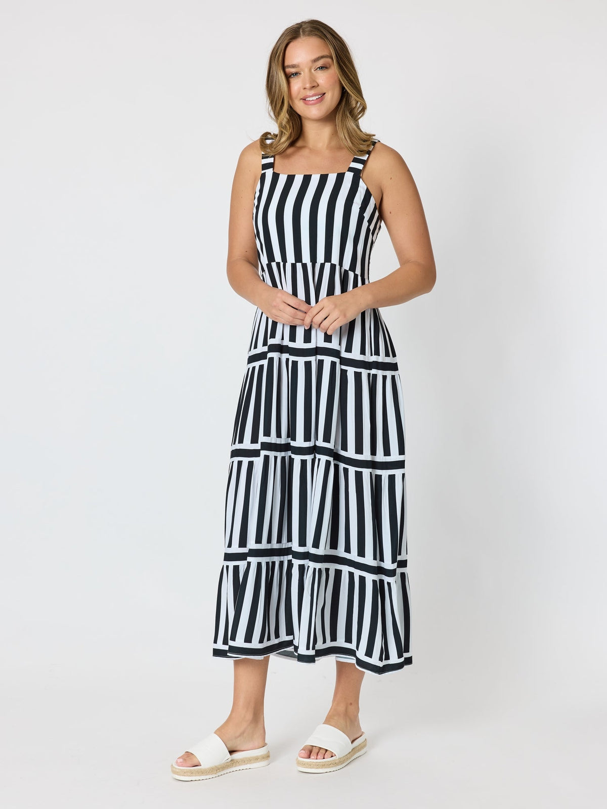Image of Dresses. Product name - Bianca Stripe Print Sundress Black/White in Black/White colour by brand - Threadz