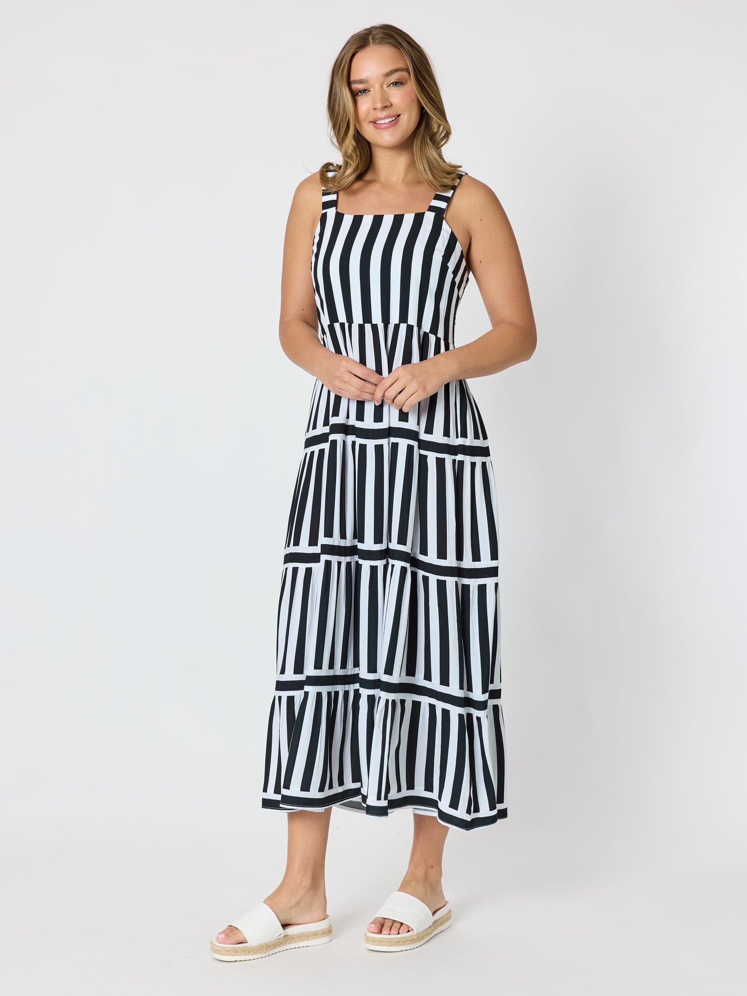 Image of Dresses. Product name - Bianca Stripe Print Sundress Black/White in Black/White colour by brand - Threadz