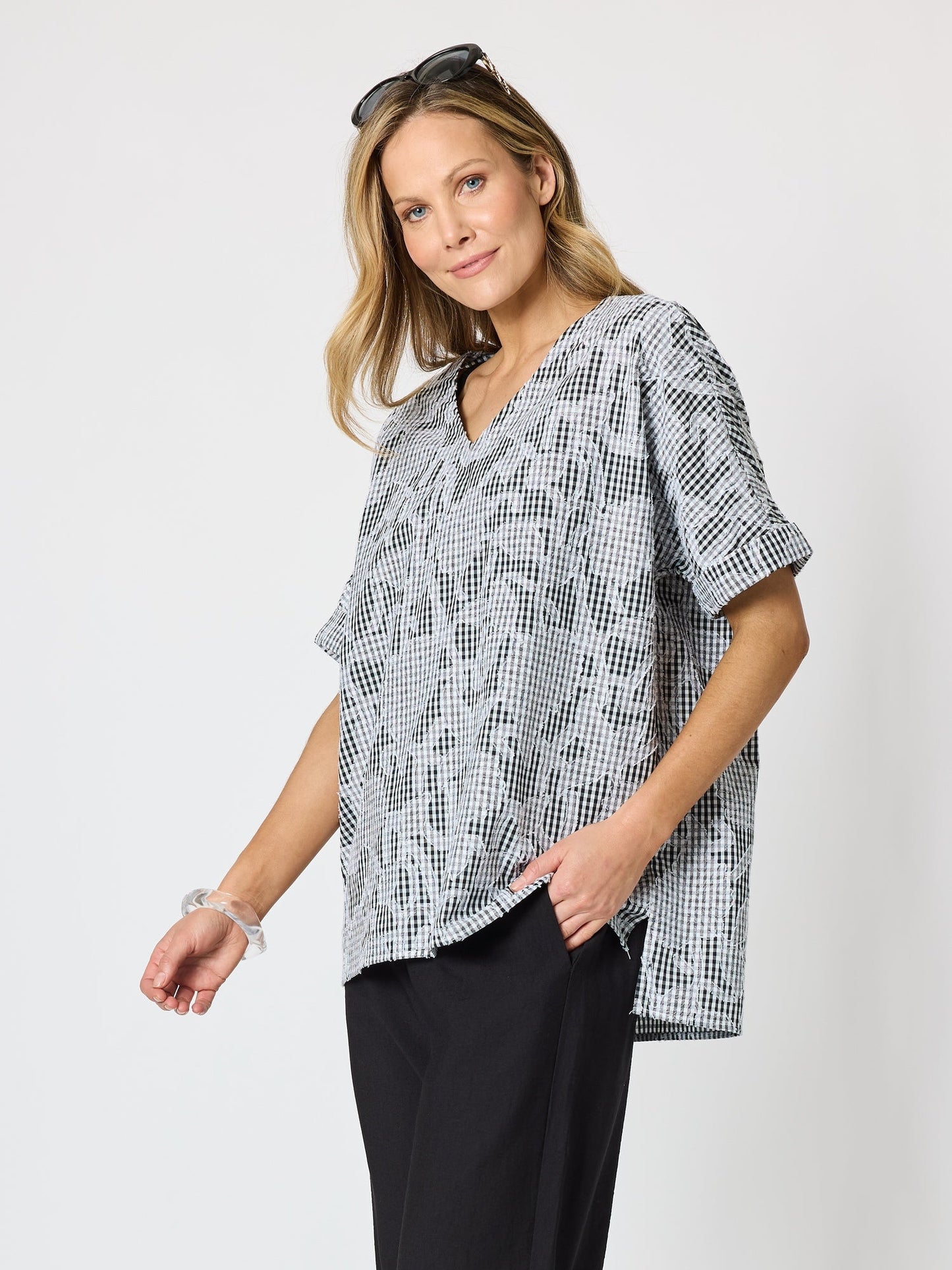 Image of a model wearing Tops. Product name - Tapestry Print Top Black/White in Black/White colour by brand - Clarity
