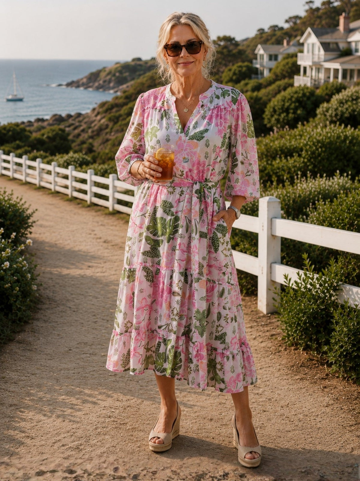 Image of Dresses. Product name - Desert Oasis Floral Print Dress Musk Multi in Musk Multi colour by brand - Gordon Smith