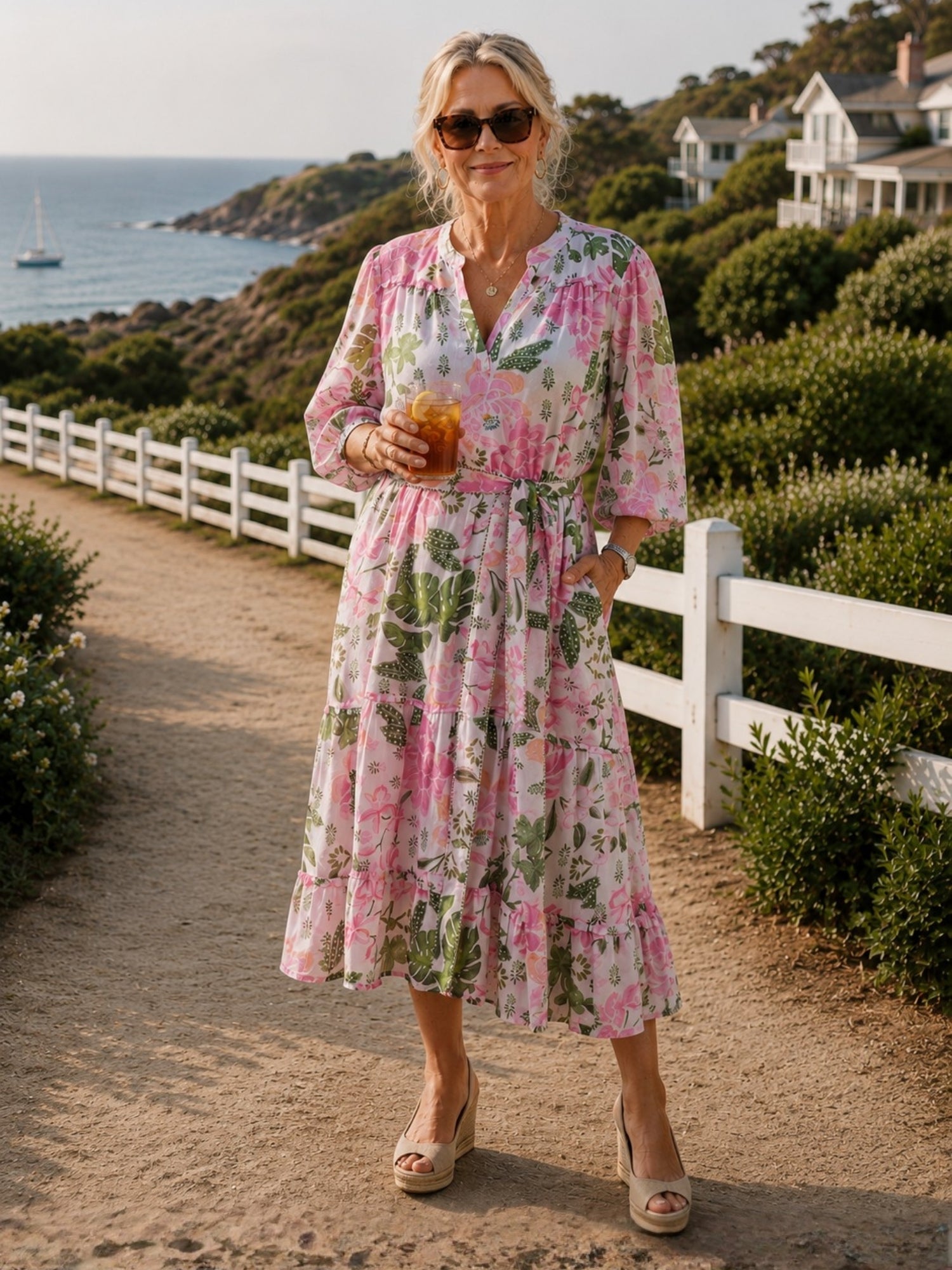 Image of Dresses. Product name - Desert Oasis Floral Print Dress Musk Multi in Musk Multi colour by brand - Gordon Smith