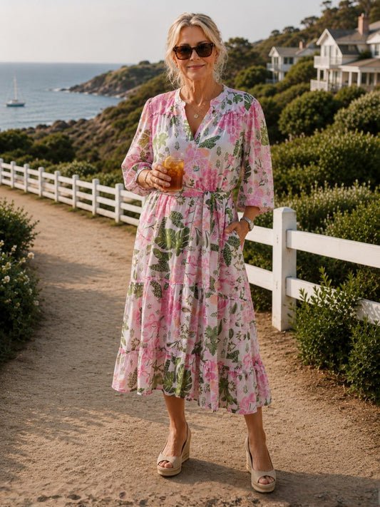 Image of Dresses. Product name - Desert Oasis Floral Print Dress Musk Multi in Musk Multi colour by brand - Gordon Smith