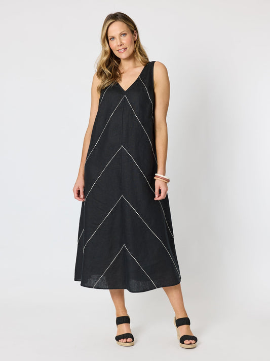 Image of Dresses. Product name - Haven Chevron Stitch Linen Dress Black/White in Black/White colour by brand - Hammock & Vine