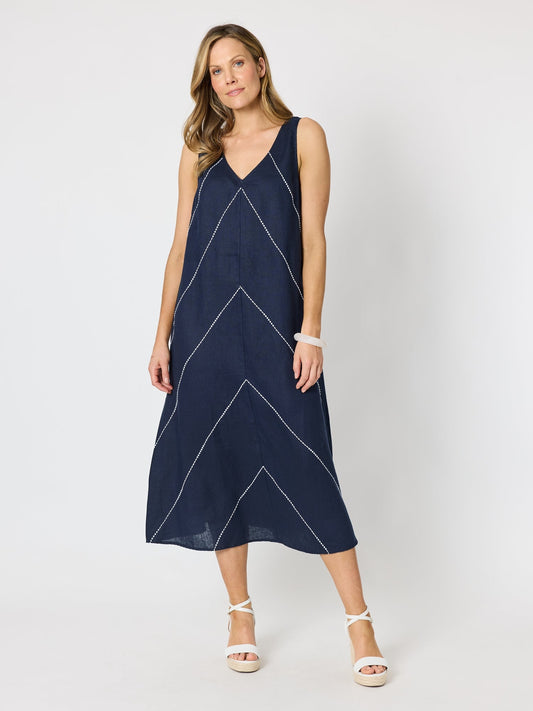 Image of Dresses. Product name - Haven Chevron Stitch Linen Dress Navy/White in Navy/White colour by brand - Hammock & Vine