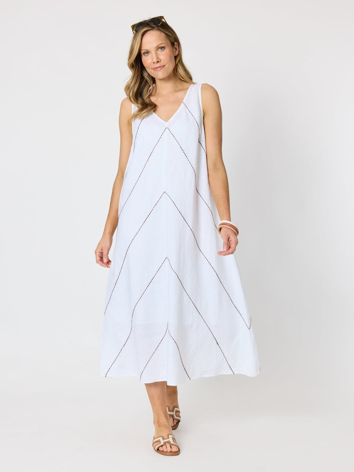 Image of Dresses. Product name - Haven Chevron Stitch Linen Dress White Mocha in White Mocha colour by brand - Hammock & Vine