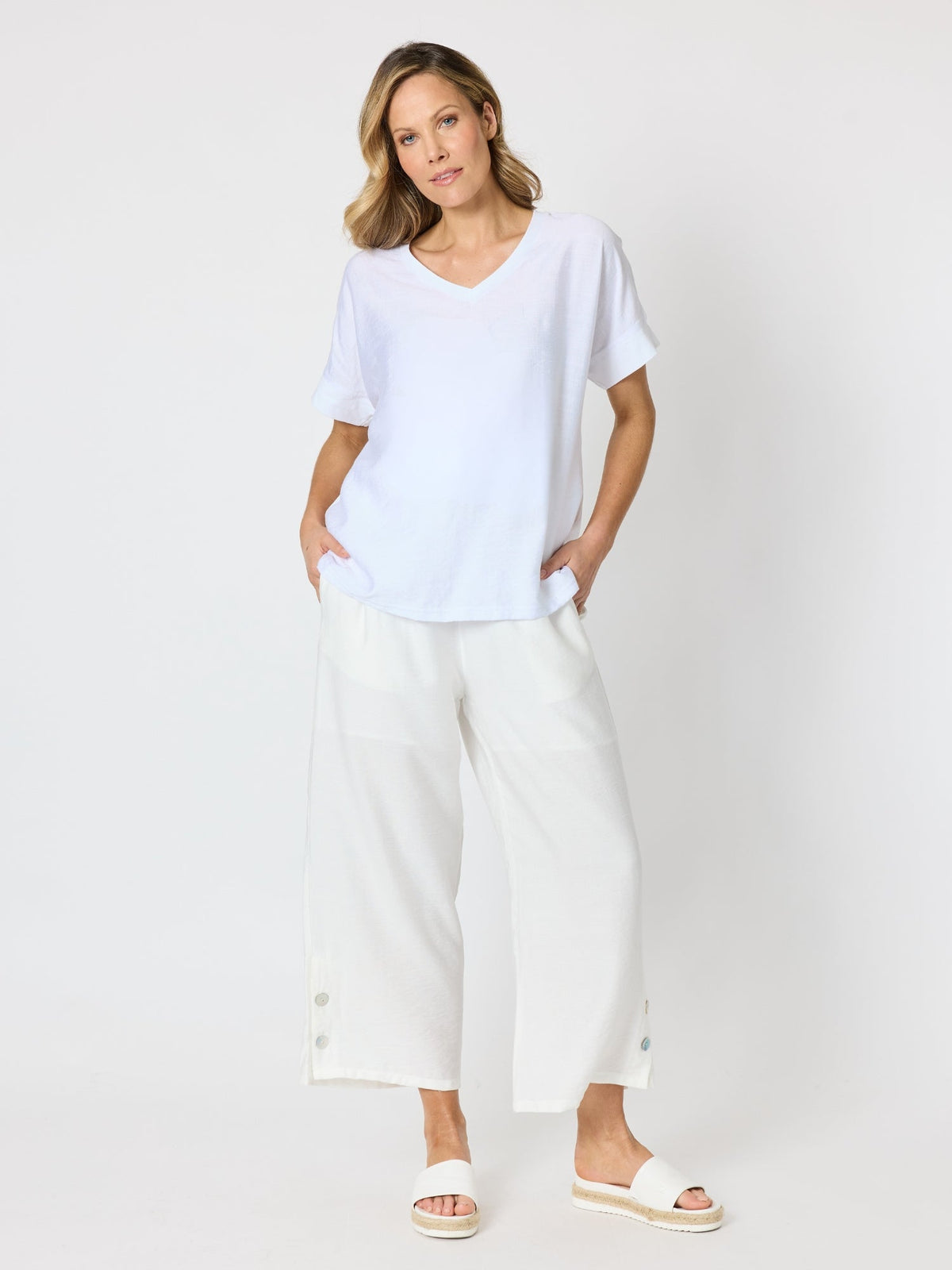 Clarity Essential Button Wide Leg Pant (Ivory)