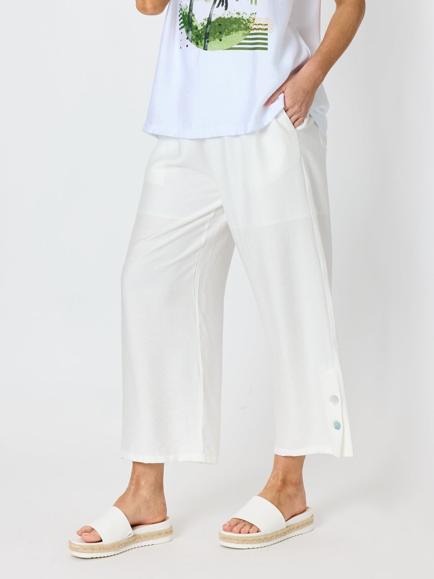 Clarity Essential Button Wide Leg Pant (Ivory)