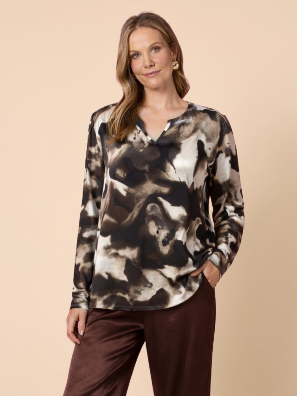Image of a model wearing Tops. Product name - Venice Print Top Espresso in Espresso colour by brand - Hammock & Vine