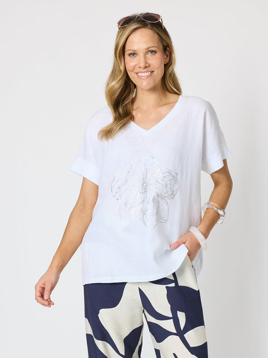 Image of a model wearing Tops. Product name - Coastal Night Floral Print Top White/Silver in White/Silver colour by brand - Clarity