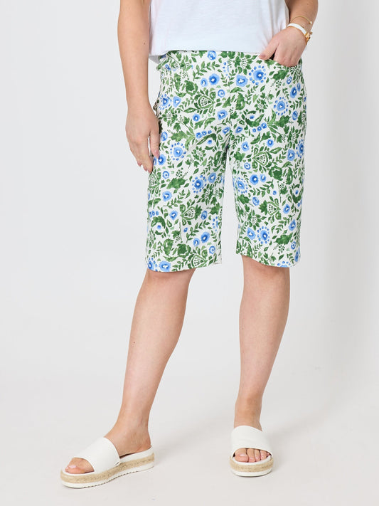 Image of a model wearing Shorts. Product name - Bayside Floral Print Shorts Fern Multi in Fern Multi colour by brand - Gordon Smith