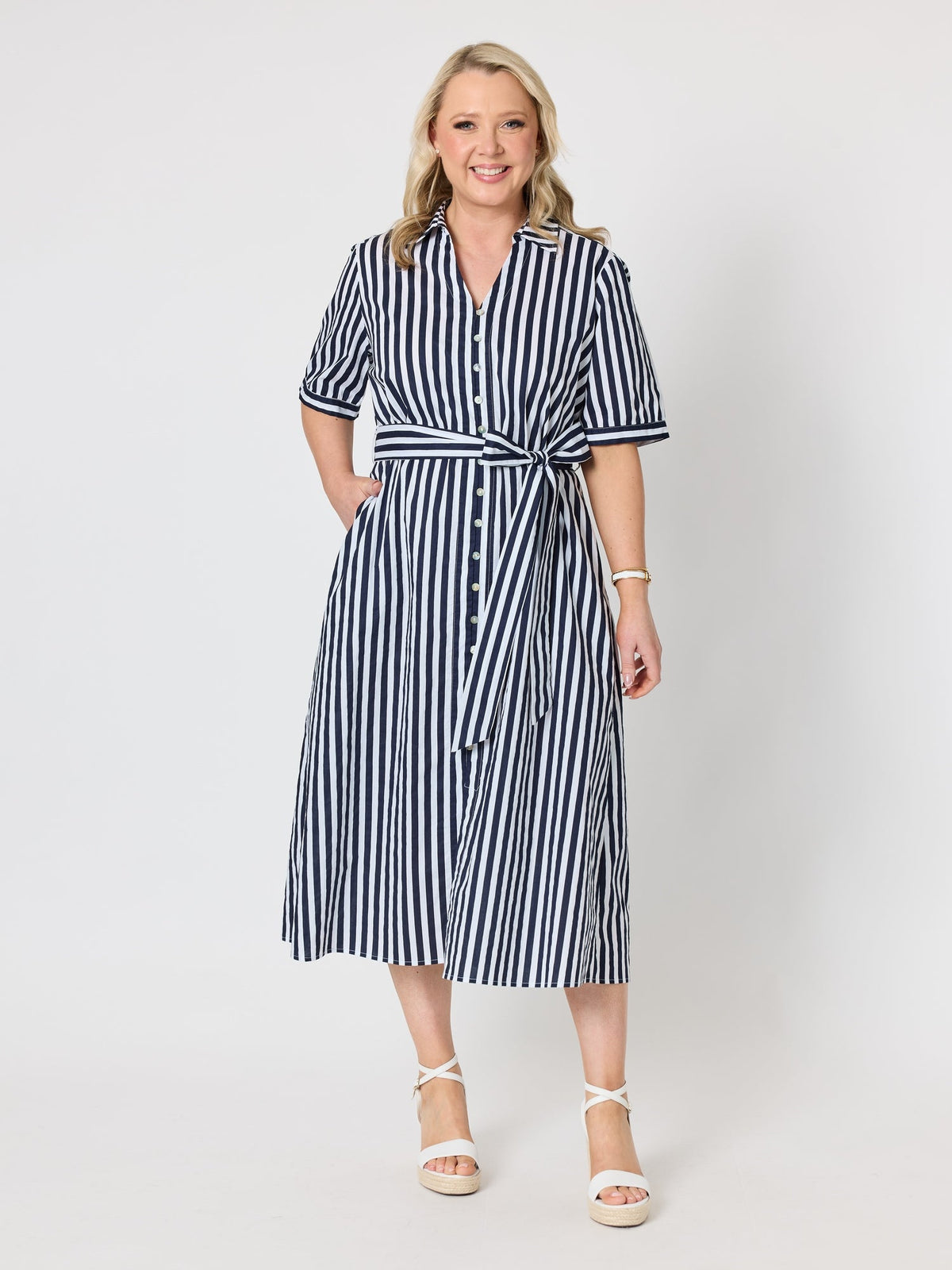 Image of Dresses. Product name - Riviera Stripe Print Shirtdress Navy/White in Navy/White colour by brand - Gordon Smith