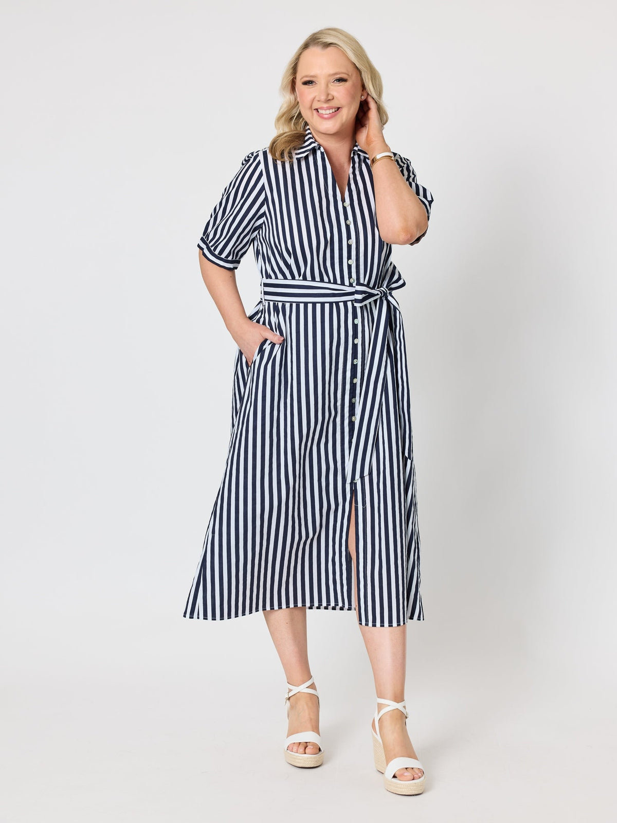 Gordon Smith Riviera Stripe Print Shirtdress (Navy/White)